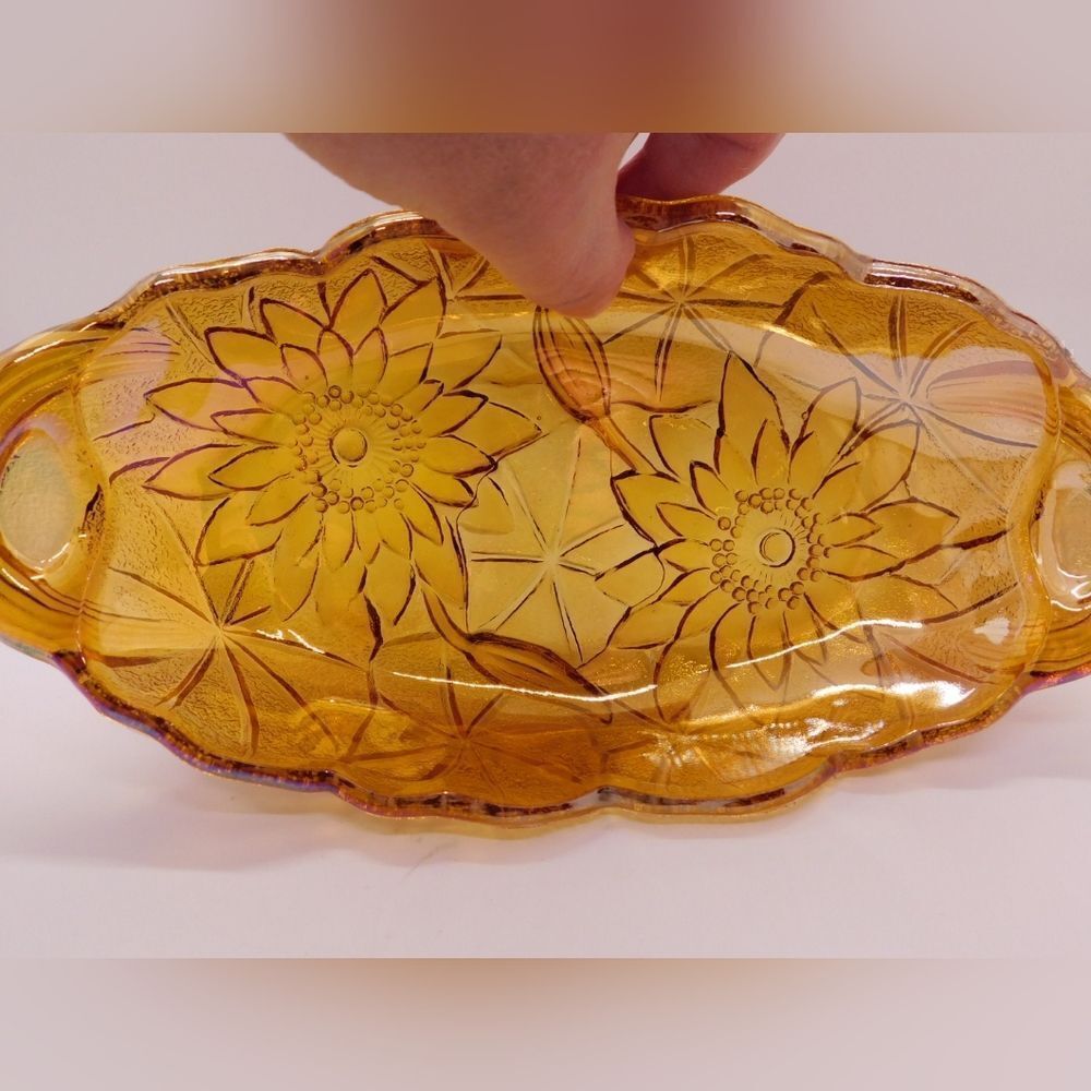Marigold carnival glass celery dish